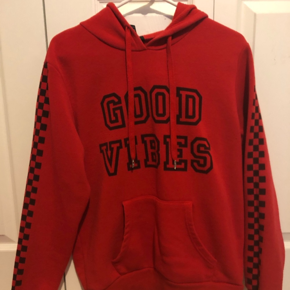 Red "good vibes" hoodie